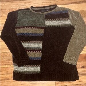 Vintage Erika Earthy Patchwork Knit Crewneck Sweater Womens Size SP Grannycore